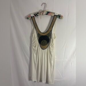 Ivory Boho Wooden Beaded Neckline Babydoll Cami/ Mini Dress Women’s M-L